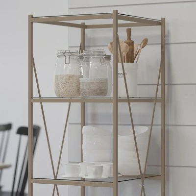 Merrick Lane 64" Modern Bookshelf Glass 4-Shelf Bookcase with Powder Coated Matte Gold Cross Braced Frame 5 Merrick Lane 64" Modern Bookshelf Glass 4-Shelf Bookcase with Powder Coated Matte Gold Cross Braced Frame - Image 3