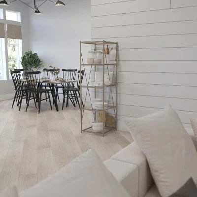 Merrick Lane 64" Modern Bookshelf Glass 4-Shelf Bookcase with Powder Coated Matte Gold Cross Braced Frame 6 Merrick Lane 64" Modern Bookshelf Glass 4-Shelf Bookcase with Powder Coated Matte Gold Cross Braced Frame - Image 4