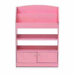 Furinno KidKanac Bookshelf Bookcase with 4 Shelves and Toy Storage Cabinet for Bedroom, Living Room or Playroom Organization, Pink