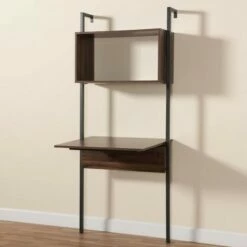 Fariat Walnut Wood and Metal Display Shelf with Desk Brown/Black - Baxton Studio -Bookshelves Sales Shop unnamed file 5123