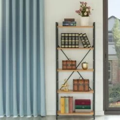 Fabulaxe Industrial Style 5 Shelf Wood and Metal Bookcase