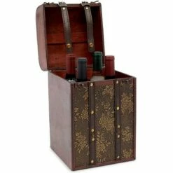 Okuna Outpost Wooden 4 Bottles Travel Wine for Storage Storage Bar Accessory, Flower Pattern, 8 x 8.5 x 13.8 in.