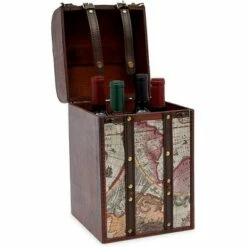 Okuna Outpost Wooden 4 Bottles Travel Wine for Storage Bar Accessory, World Map Design, 8. x 8.5 x 13.8 in.