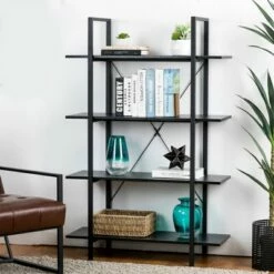 Modern Industry Metal/Wooden 4 Tier Bookcase with Shelves - Glitzhome Black