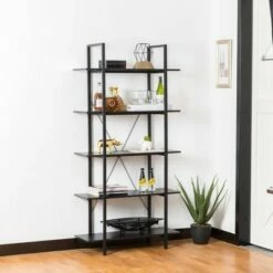 Modern Industry Metal/Wooden 5 Tier Bookcase and Shelves - Glitzhome Black