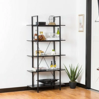 Modern Industry Metal/Wooden 5 Tier Bookcase and Shelves - Glitzhome Black 3 Modern Industry Metal/Wooden 5 Tier Bookcase and Shelves - Glitzhome Black