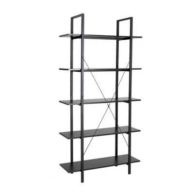 Modern Industry Metal/Wooden 5 Tier Bookcase and Shelves - Glitzhome Black 5 Modern Industry Metal/Wooden 5 Tier Bookcase and Shelves - Glitzhome Black - Image 3